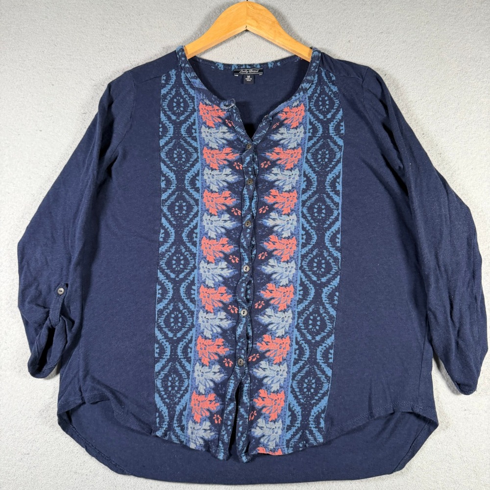 Lucky Brand Womens Navy Blue Printed Boho Henley Roll Tab Sleeve Top Size M